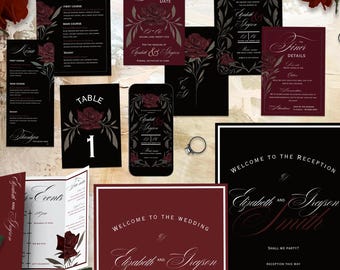 Dark Red Rose Wedding Invitation Suite: Gothic Romance (Canva Templates Digital Download