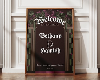 Gothic wedding welcome sign | stained Glass, dark Romance (Editable Canva Template)