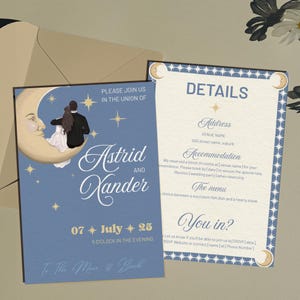 Celestial Wedding Invitation Suite Moon and Stars - Astrid Collection | Printable and Digital Canva Template | Navy and Gold Vintage Design