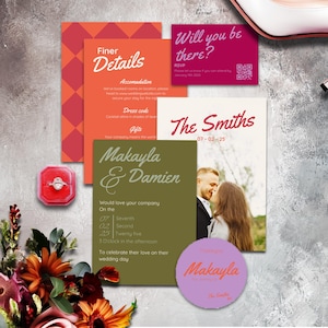 May include: A wedding invitation suite with a green, olive green, and pink color scheme. The invitation features a photo of a couple kissing, with the text "Makayla & Damien" and "The Smiths 07-02-25". The invitation also includes details about the wedding, such as the date, time, and location. The RSVP card is pink with the text "Will you be there?" and a QR code. The details card is orange with the text "Finer Details" and information about the wedding.