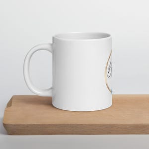 Blessed white glossy mug with blue flowers and gold rings gift for her