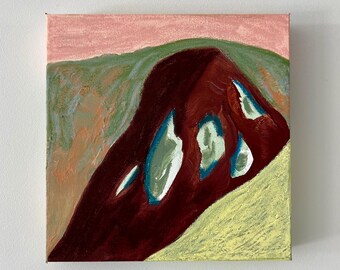 May include: An abstract painting on canvas. The artwork features a dark red, mountain-like shape with light blue and white accents against a backdrop of pink and green. The lower portion is yellow.