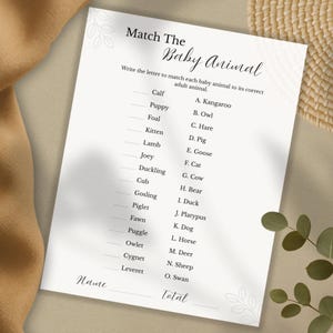 Baby Animal Matching Game | Printable Baby Shower Game | Gender Neutral Minimalist Baby Activity | Instant Download