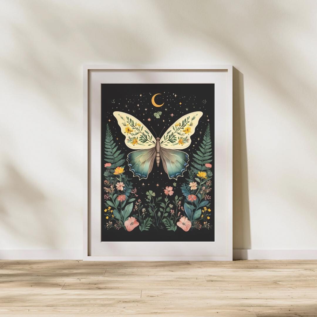 Moody Butterfly Floral Botanical Print Minimalist Modern Art Dark ...
