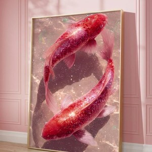 ピンクの鯉のアートプリント、夢のようなキラキラ輝く池のポスター（デジタルダウンロード）
