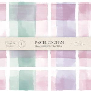 May include: Pastel gingham seamless repeat pattern in soft watercolor hues of pink, purple, and green. The design features a grid of overlapping squares. The text reads "PASTEL GINGHAM SEAMLESS REPEAT PATTERN" and "12 x 12" 3600 x 3600 px 300 DPI".