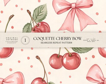 Coquette Cherry Bow Digital Paper | Pink Aesthetic Pattern | Seamless 12x12 JPG | Commercial Use | Pastel Fruit & Ribbon Background