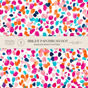May include: A seamless repeat pattern with a white background covered in colourful dots. The dots are in shades of pink, orange, teal, and navy blue. The design includes the text "BRIGHT PAINTBRUSH DOT" and "SEAMLESS REPEAT PATTERN".
