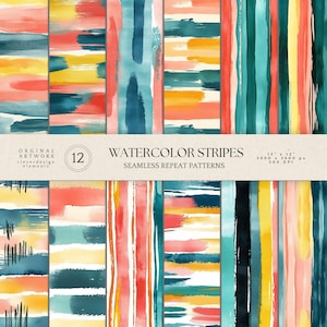 Watercolor Stripes Digital Paper Pack – 12 Seamless Backgrounds, 12x12 Inch, High-Resolution JPG, 300 DPI