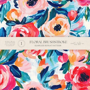 May include: A seamless repeat pattern with a floral brushstroke design. The artwork features large, colorful flowers in shades of pink, orange, red, and blue, with green leaves. The text reads "FLORAL BRUSHSTROKE SEAMLESS REPEAT PATTERN" and "30.48 x 30.48 cm".
