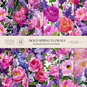 Bold Spring Florals | Seamless Digital Paper | 12x12 JPG | Hand-Painted Flowers | Commercial Use