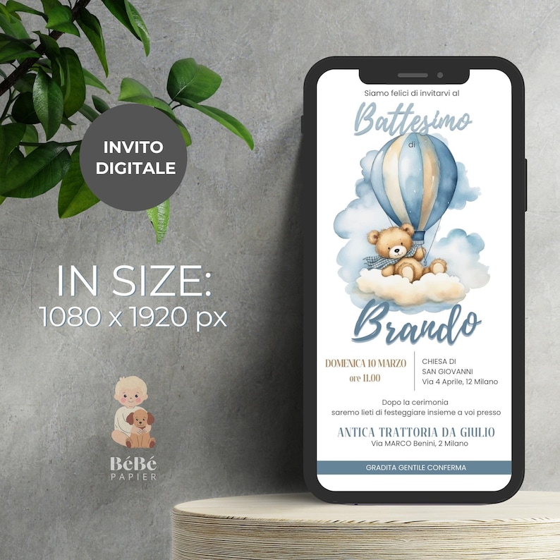 May include: A digital invitation for a baby boy's baptism. The invitation features a watercolor illustration of a teddy bear in a hot air balloon with clouds. The text reads "Siamo felici di invitarvi al Battesimo di Brando" and includes the date, time, and location of the event.
