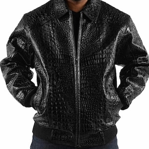 Giacca in pelle goffrata coccodrillo: texture alligatore nero fatta a mano