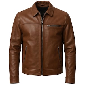 Men&#39;s Cafe Racer Vintage Brown Shirt Collar Motorcycle Lambskin Leather Jacket