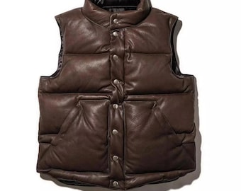 Men's Sleeveless Waistcoat Puffer Quilted Real Sheepskin Brown Leather Vest