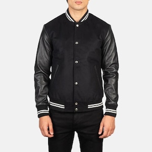 Men&#39;s Black Varsity Jacket: Leather Sleeves, Wool Blend, Striped Trim