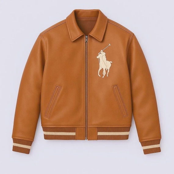 Brown Leather Varsity Jacket With Embroidered Polo Horse Logo