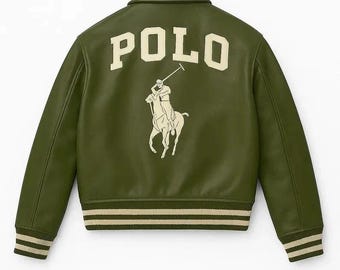 Green Leather Varsity Jacket with Embroidered Polo Horse Logo Trim