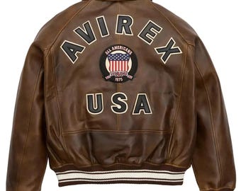 Men's Avirex Leather Bomber Jacket: Brown Cowhide American Flight Jacket