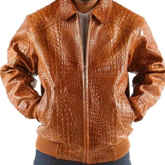 Crocodile Embossed Leather Jacket: Handmade Brown Alligator
