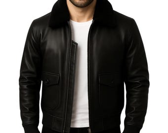 Real Leather Bomber Jacket with Faux Fur Collar: Classic Aviator Style