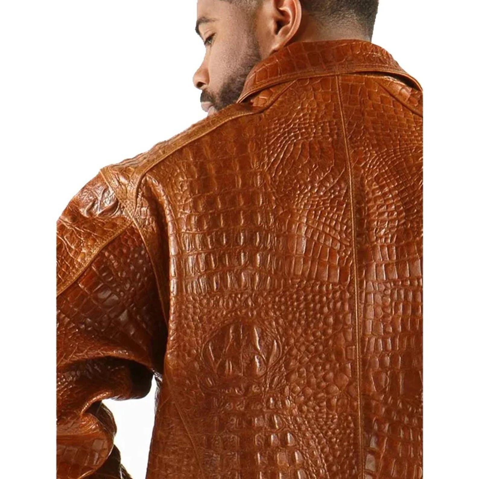 Crocodile Embossed Leather Jacket: Handmade Brown Alligator