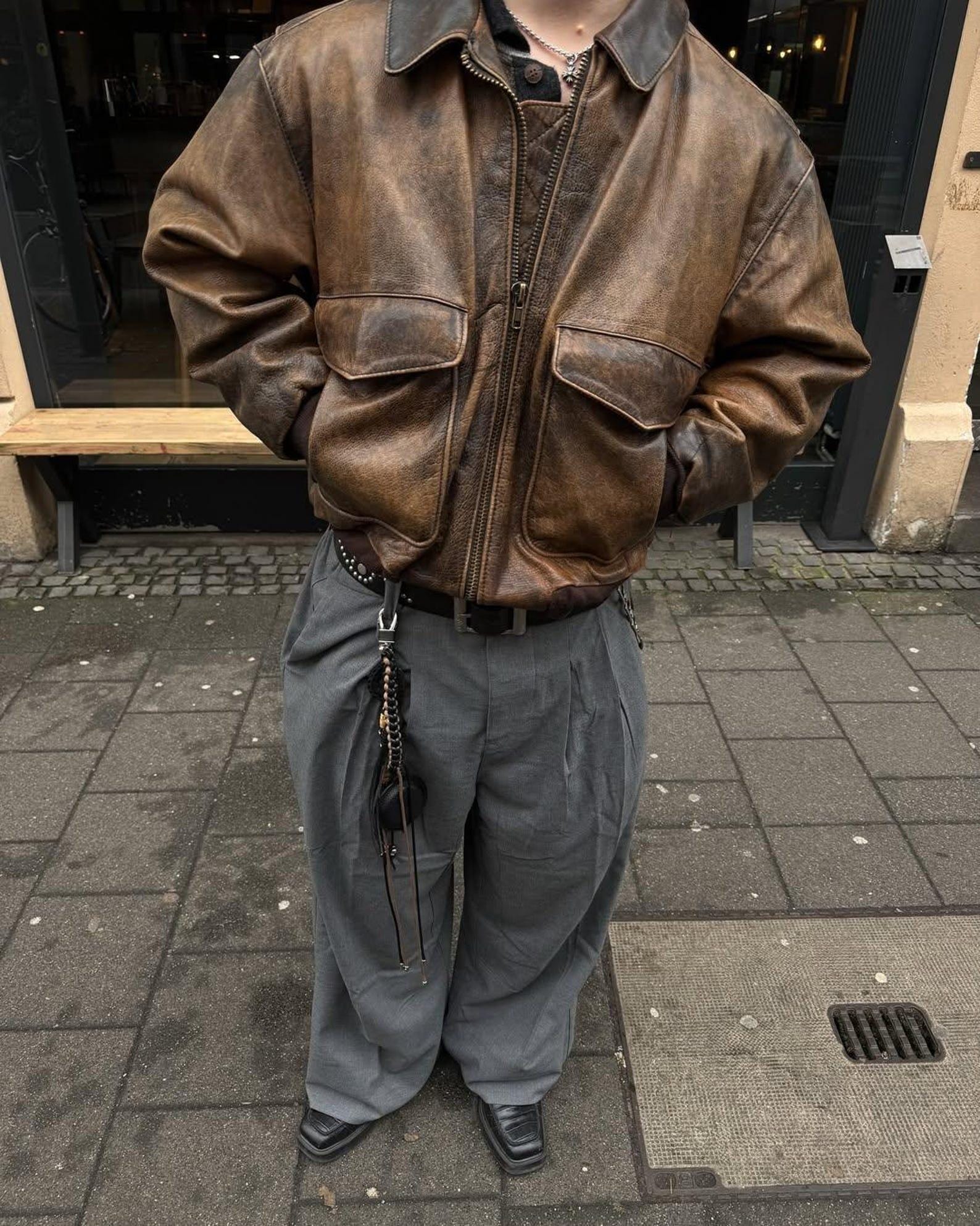 Vintage Distressed Brown Leather Bomber Jacket - Retro Aviator 