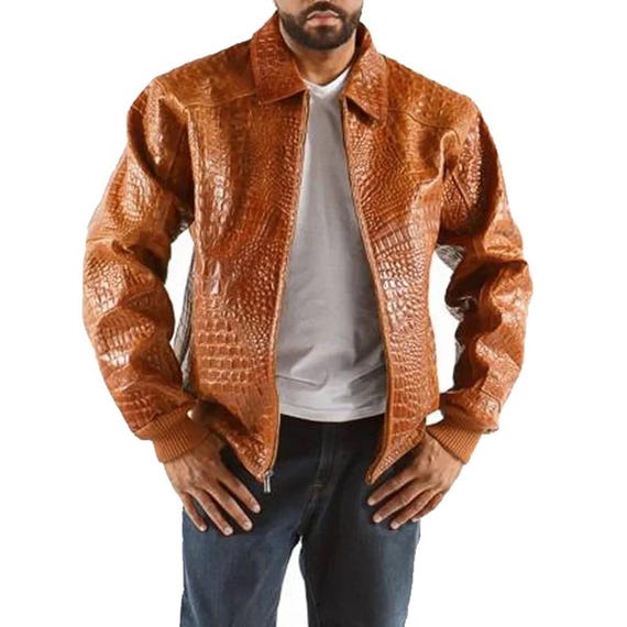 Crocodile Embossed Leather Jacket: Handmade Brown Alligator