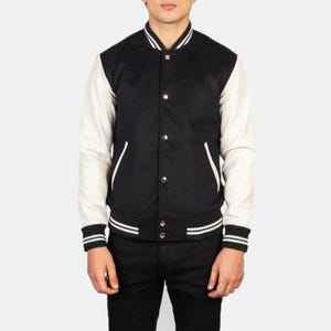 Men&#39;s Black Varsity Jacket: Wool Blend Body, White Leather Sleeves