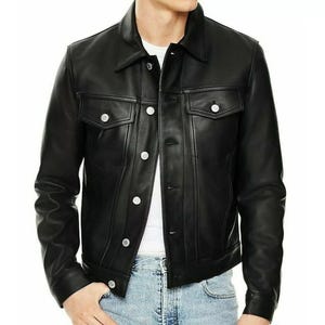 Men Real Sheepskin Vintage Black Levi&#39;s Denim Style Soft Leather Trucker Jacket