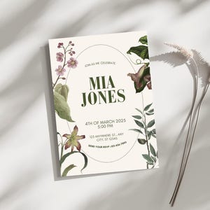 Botanische Glückseligkeit Geburtstagstempel Einladung bearbeitbar in canva 2025 Natur Inspiriert Wildblumen Garten Blumen Harmonie