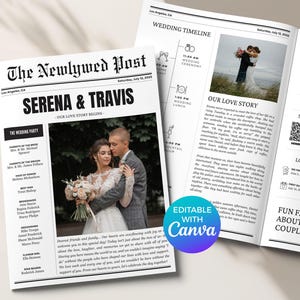 Op de afbeelding: Een huwelijksaankondiging in krantenstijl voor Serena en Travis. De kop is "The Newlywed Post" met een zwart-witfoto van het paar op de achtergrond. De aankondiging bevat een huwelijksschema, een lijst met de bruiloftsgasten en een liefdesverhaal over het paar.