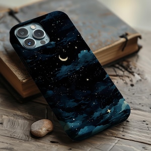 Funda de teléfono con diseño de luna azul para iPhone 17, 16, 15, 14 y 13, Samsung S25, S24 y S23, Pixel 9 y 8, con diseño de estrellas y nubes.