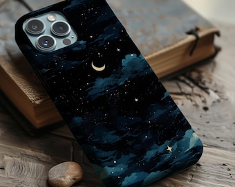 Blue Night Moon Phone Case for iPhone 17 16 15 14 13, Samsung S25 S24 S23, Pixel 9 8, Stars & Clouds Design