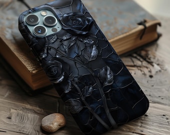 Black Rose Stained Glass Style Wildflower Phone Case for iPhone, Samsung, Pixel