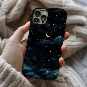 Funda MagSafe para iPhone con diseño de luna azul y estrellas oscuras