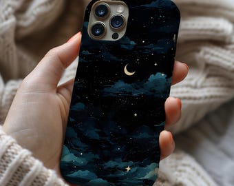 MagSafe Blue Night Moon iPhone Case, Dark Starry Clouds Design