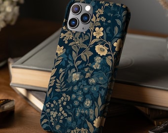 Blue Floral Phone Case: Gold Wildflower Design for iPhone, Galaxy, Pixel