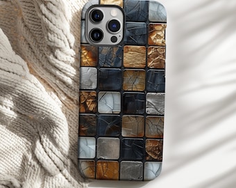 Brown Gray Elegant Tile Phone Case, Boho Mosaic Tile Design for iPhone, Galaxy, Pixel