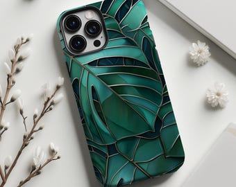Monstera Leaf Stained Glass Style Phone Case for iPhone, Samsung, Pixel