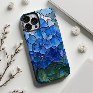 Custodia per telefono in stile vetro colorato con ortensia blu per iPhone, Galaxy, Pixel