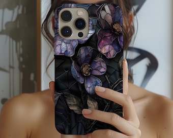 Dark Purple Wildflower Phone Case, Stained Glass Style for iPhone, Samsung, Pixel
