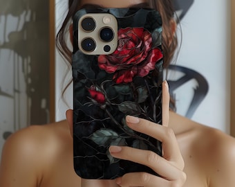 Custodia per telefono in stile vetro colorato con rosa rossa per iPhone, Samsung, Pixel