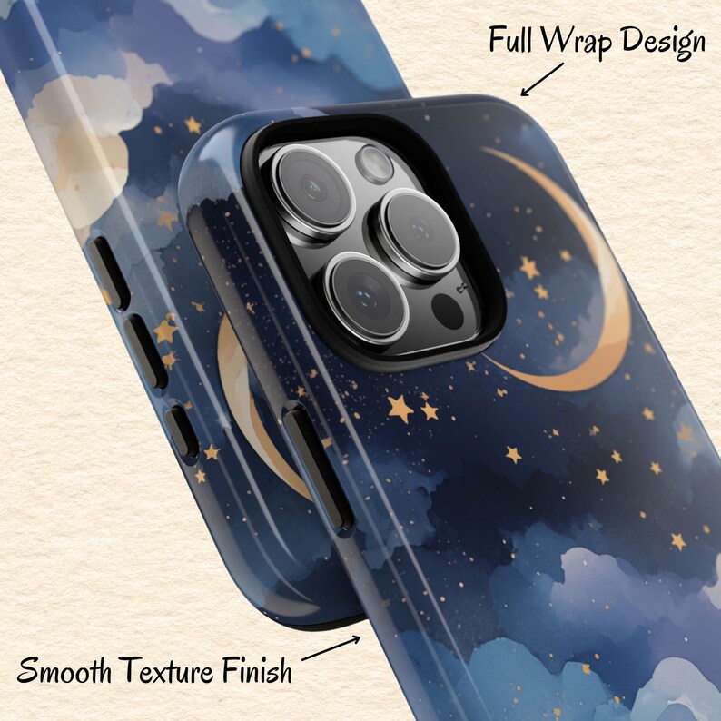 May include: A phone case with a night sky design featuring a crescent moon, stars, and clouds in shades of blue and gold. The case has a smooth texture finish and a full wrap design. The camera lenses are visible.