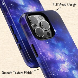 May include: A galaxy-themed phone case with a blue, purple, and white watercolor design. The case has a smooth texture finish and a full wrap design.