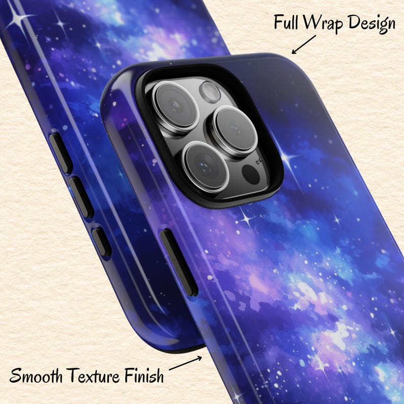 May include: A galaxy-themed phone case with a blue, purple, and white watercolor design. The case has a smooth texture finish and a full wrap design.