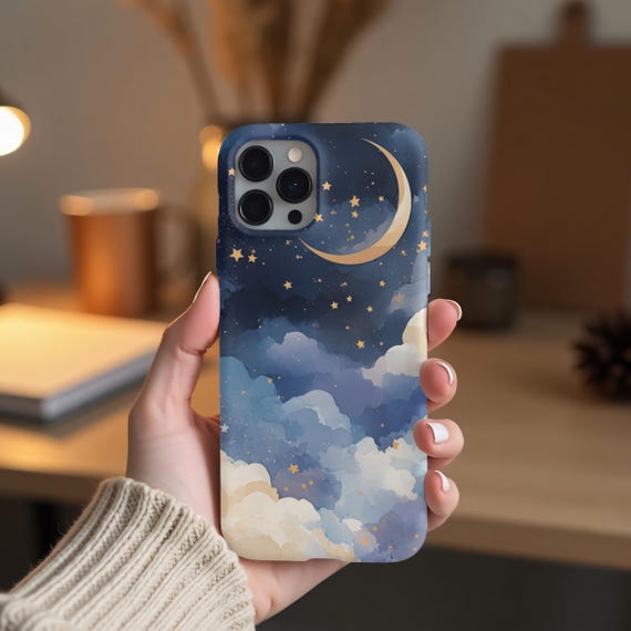 Blue Stars Moon iPhone MagSafe Case: Watercolor Cloud Design
