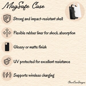 May include: A white and black MagSafe phone case with a clear back. The case is designed to be impact-resistant, shock-absorbing, and supports wireless charging. It also has a UV-protected finish.