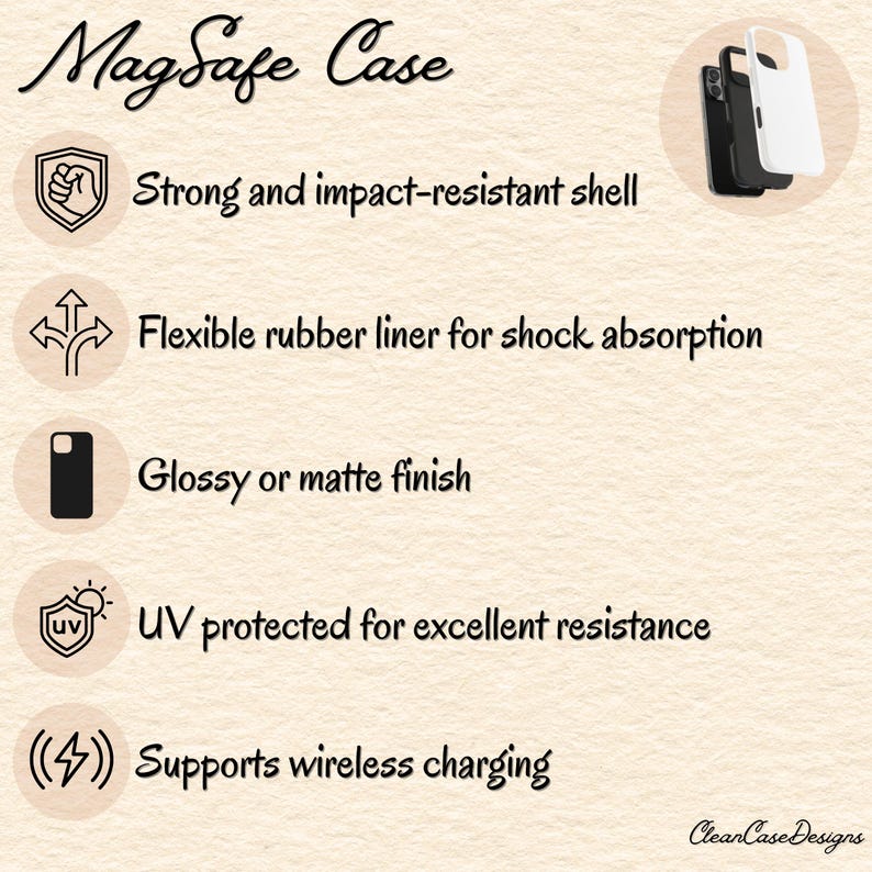 May include: A white and black MagSafe phone case with a clear back. The case is designed to be impact-resistant, shock-absorbing, and supports wireless charging. It also has a UV-protected finish.