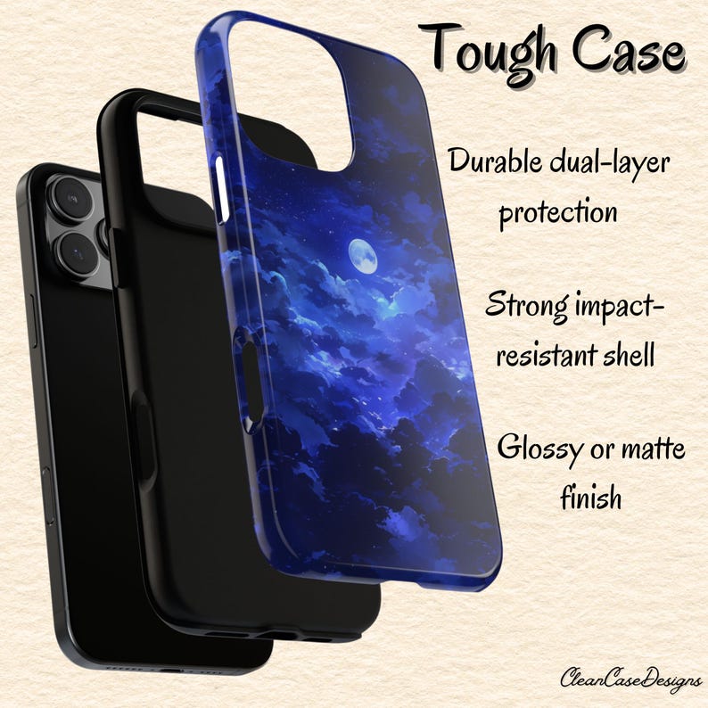Puede incluir: Funda de tel&eacute;fono con dise&ntilde;o de cielo nocturno azul, con luna llena y nubes. La funda est&aacute; etiquetada como "Tough Case" y ofrece protecci&oacute;n de doble capa y una carcasa resistente a impactos. Acabado brillante o mate.